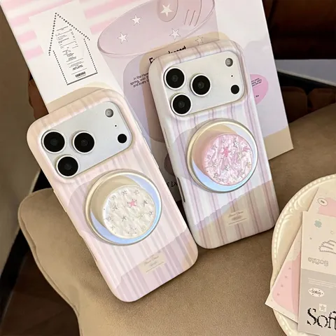 Coque de Téléphone Magnétique Étoile en Nacre Compatible Avec iPhone 16 15 14 13 Pro Max Étui Souple à Rayures Dorées Avec Support Magnétique
