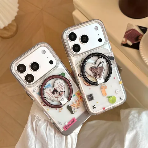 Coque de Téléphone Magnétique Style Collage Coréen avec Support Chat Coeur Mignonne Coque de Protection en TPU Transparent Antichoc