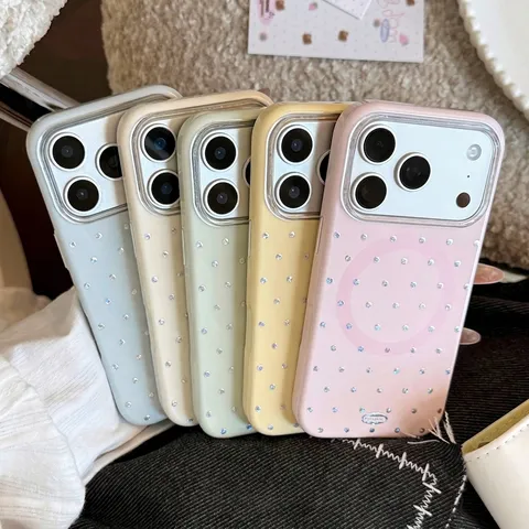 Coque de Téléphone Magnétique à Pois Strass pour iPhone 16 17 18 Pro Max Minimaliste Coréen TPU Électroplaqué Housse Protection Femme