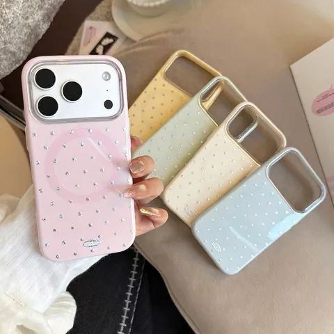 Coque de Téléphone Magnétique à Pois Strass pour iPhone 16 17 18 Pro Max Minimaliste Coréen TPU Électroplaqué Housse Protection Femme