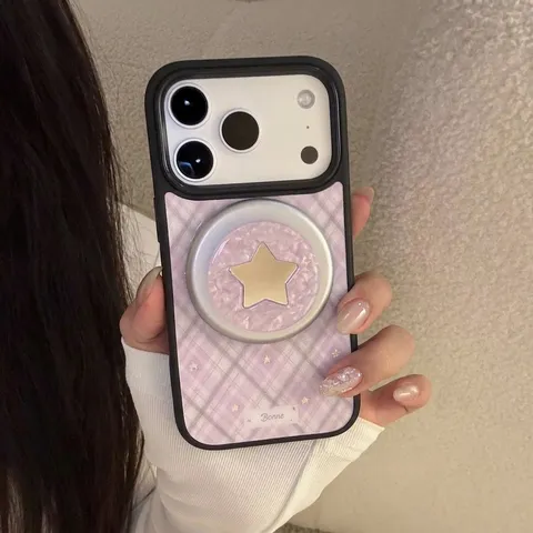 Coque de Téléphone à Support Magnétique Étoile à Carreaux Violets pour iPhone 18 17 16 15 Pro Max Texture Nacre Sweet Cool Coque de Protection Rigide Dorée