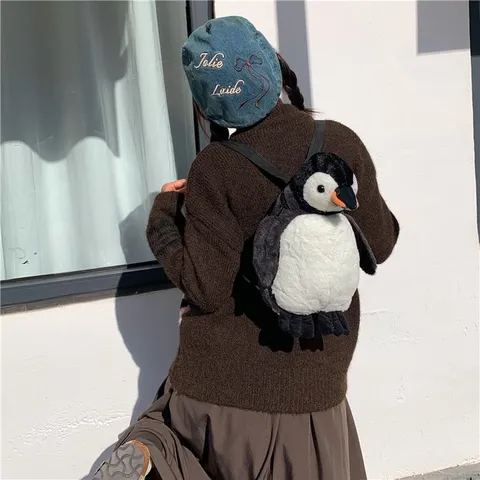 Süßer Pinguin Plüsch Rucksack Für Damen Studenten Cartoon Tier Stoffpuppe Umhängetasche Winter Weiche Kunstpelz Tasche