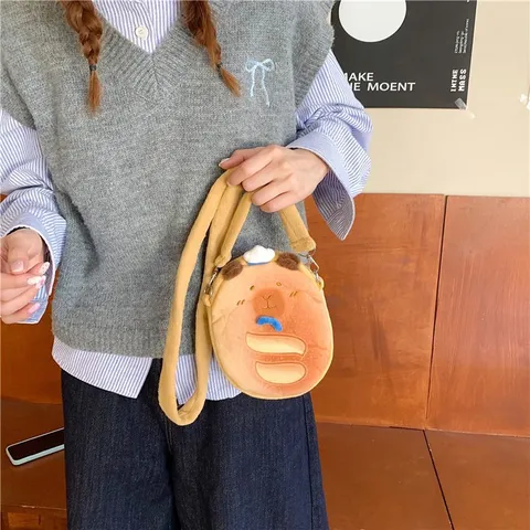 Cute Capybara Plush Crossbody Bag For Kids Student Cartoon Water Pig Shaped Small Shoulder Bag Soft Plush Messenger Bag Accessory