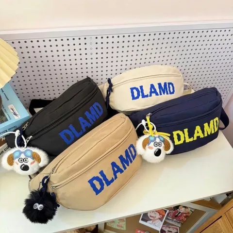 Women Nylon Crossbody Chest Bag Letter Print Casual Sports Waist Bag With Cute Plush Pendant Versatile Ins Style Shoulder Bag