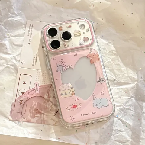 Cute Cartoon Animal Party Phone Case Transparent Pink Heart Mirror Protective Cover For iPhone Series Women Girly Painted Shell