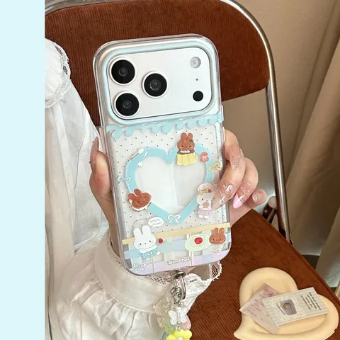 Cute Bunny Clear Phone Case For iPhone 17 16 15 14 Pro Max Soft TPU Painted Cover With Beaded Flower Chain Charm