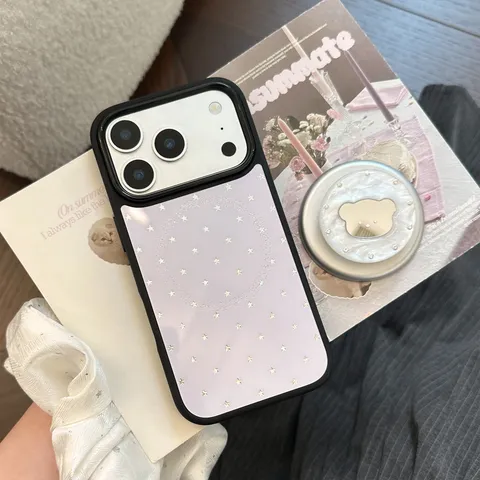 Coque de Téléphone Magnétique Miroir Ours en Nacre Avec Support Motif Étoile Coque Rigide Protectrice Dorée pour iPhone 17 16 15 Pro Max Plus