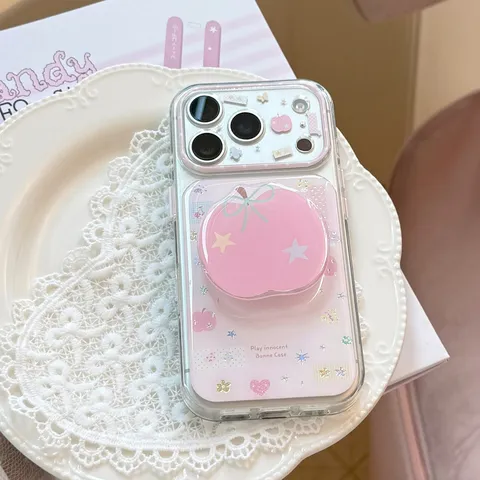 Sweet Gilded Pink Apple Transparent Phone Case With Epoxy Stand For iPhone 16 15 14 Pro Max Korean Style Shockproof Case