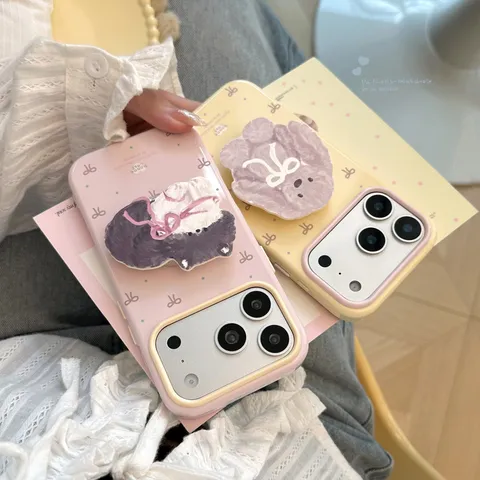 Coque de Téléphone TPU Style Ins avec Support 3D Chat Motif Nœud pour iPhone 18 17 16 15 14 Pro Max Housse Coréenne