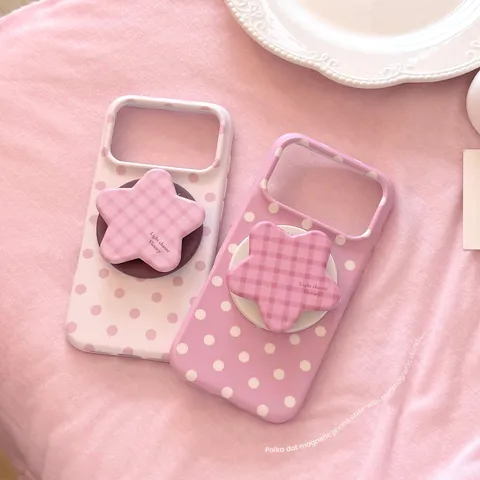 Coque de Téléphone Magnétique à Pois Pour iPhone 16 17 18 Pro Max Housse Antichoc Avec Support Étoile à Carreaux Pour Femmes Filles