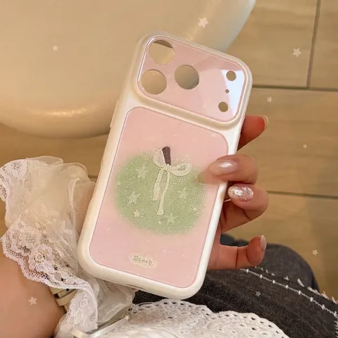 Korean Style Clear Glitter Green Apple Bow Phone Case For iPhone 17 16 15 14 13 Pro Max Shockproof Pink White TPU PC Phone Cover