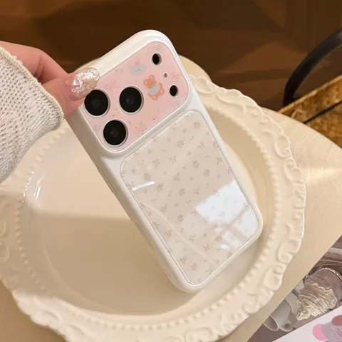 Korean Style Cute Floral Bear Phone Case For iPhone 17 16 15 14 13 Pro Max Pearl White Soft TPU PC Hard Protective Cover Shell
