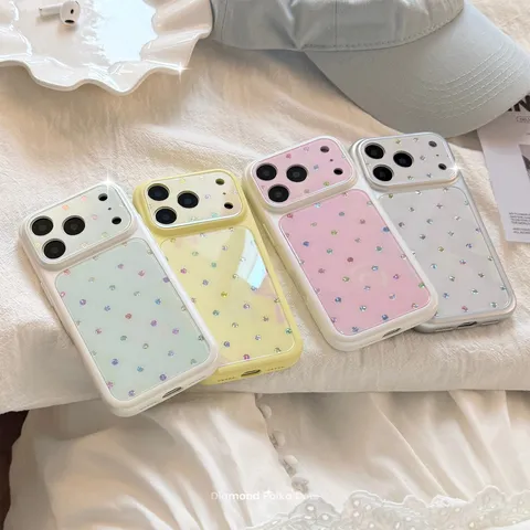 Coque de Téléphone Style Coréen à Pois avec Strass pour iPhone 17 16 15 14 13 Pro Max Antichoc TPU PC Plaqué Or
