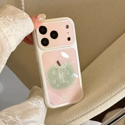 Korean Style Clear Glitter Green Apple Bow Phone Case For iPhone 17 16 15 14 13 Pro Max Shockproof Pink White TPU PC Phone Cover
