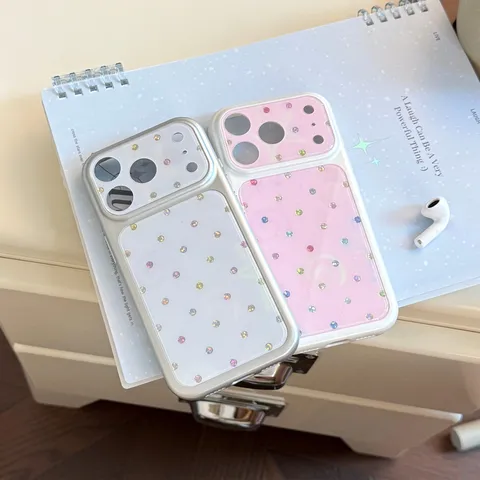 Coque de Téléphone Style Coréen à Pois avec Strass pour iPhone 17 16 15 14 13 Pro Max Antichoc TPU PC Plaqué Or