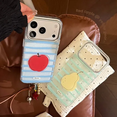 Coque de Téléphone à Rayures Fruit Pomme Pour iPhone 18 17 16 15 Pro Max TPU Souple Avec Chaîne de Perles Étoile Rouge
