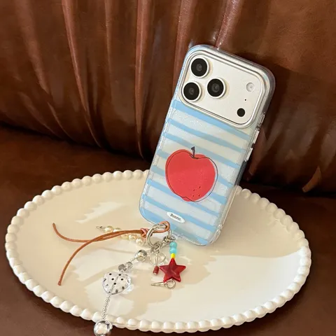 Coque de Téléphone à Rayures Fruit Pomme Pour iPhone 18 17 16 15 Pro Max TPU Souple Avec Chaîne de Perles Étoile Rouge