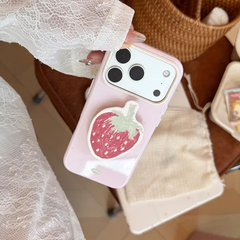 Coque de Téléphone Support de Fruit Style Summer Ins pour iPhone 18 17 16 Pro Max TPU Souple Peinte à la Main Support Fraise