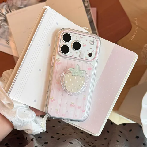 Coque de Téléphone avec Support Miroir Fraise à Carreaux Roses pour IPhone 17 16 15 14 Pro Max TPU Antichoc Protection Motif Lapin