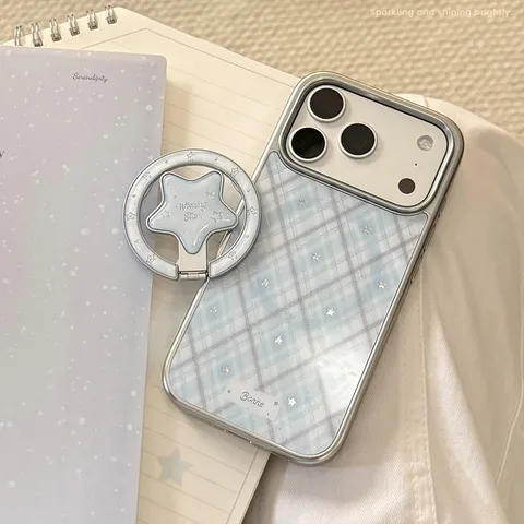 Coque iPhone Style Coréen Bleu Clair Plaid Étoiles Support de Bague Magnétique Étui Rigide Électroplaqué