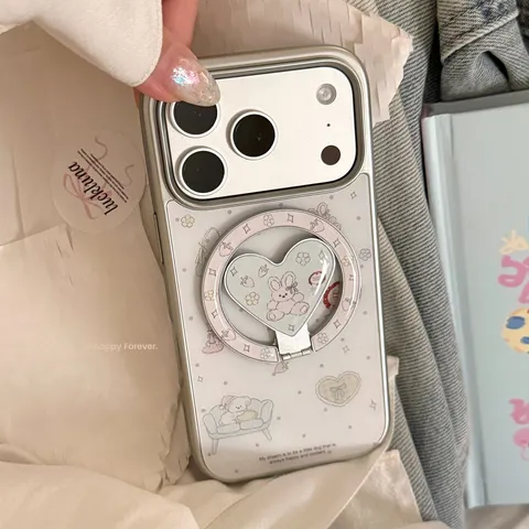 Coque de Téléphone Imprimée Lapin Chien Avec Support Magnétique en Coeur Bord Électroplaqué pour iPhone 17 16 15 Pro Max