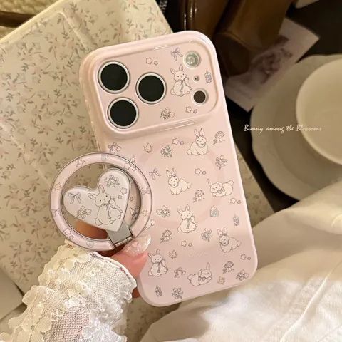 Cute Bunny Flower Magnetic Phone Case For iPhone 17 16 15 14 Pro Max Heart Ring Stand Shockproof Soft TPU Girly Protective Cover