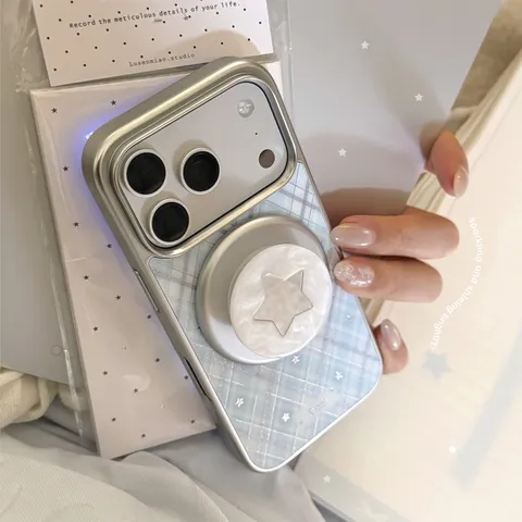 Coque de Téléphone Magnétique à Carreaux Avec Support Étoile Pour iPhone 17 16 15 14 Pro Max PC Housse de Protection Antichoc Électroplaquée