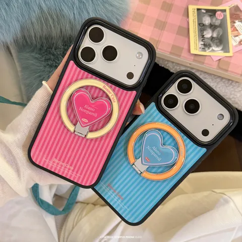 Stripe Heart Magnetic Stand Phone Case For iPhone 16 17 18 Pro Max Printed PC Hard Shell Shockproof Fashion Back Cover