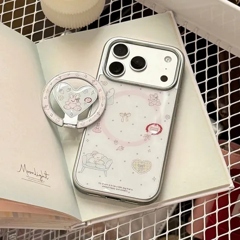 Coque de Téléphone Imprimée Lapin Chien Avec Support Magnétique en Coeur Bord Électroplaqué pour iPhone 17 16 15 Pro Max