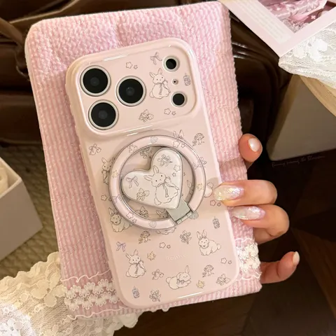 Cute Bunny Flower Magnetic Phone Case For iPhone 17 16 15 14 Pro Max Heart Ring Stand Shockproof Soft TPU Girly Protective Cover