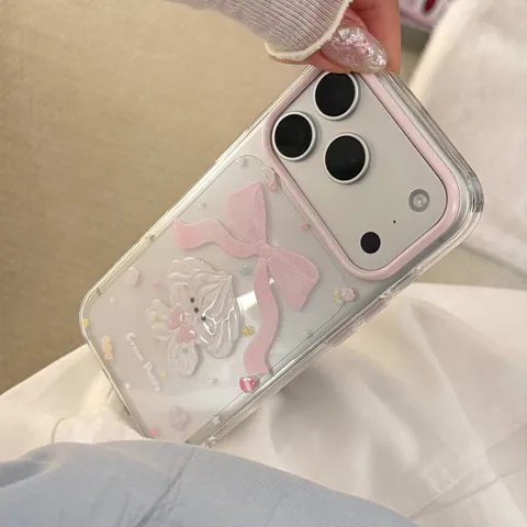 Cute Cream Puppy Transparent Glitter Phone Case Pink Bow Anti-fall Protective Cover For iPhone 18 17 16 15 14 13 Pro Max