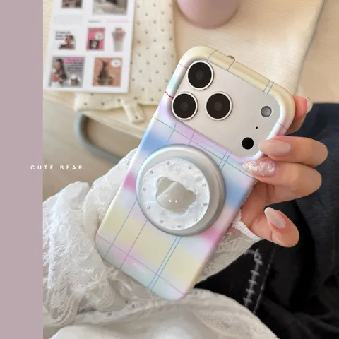 Coque de Téléphone à Carreaux Magnétique Avec Support Ours Texture Nacre Motif Dégradé Film de Protection Anti-Chute