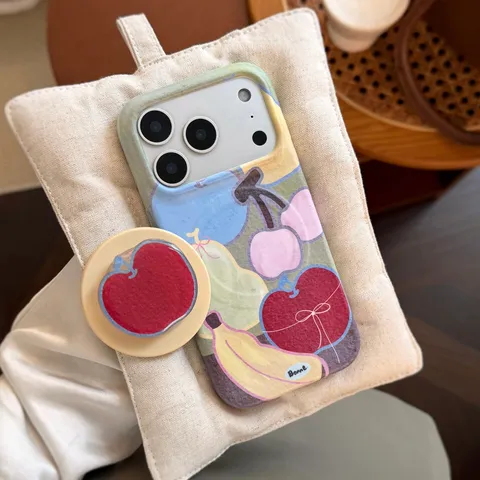 Summer Dopamine Fruit Graffiti Phone Case For iPhone 18 17 16 15 Pro Max Magnetic Soft IMD Film Cover With Stand And Beaded Strap