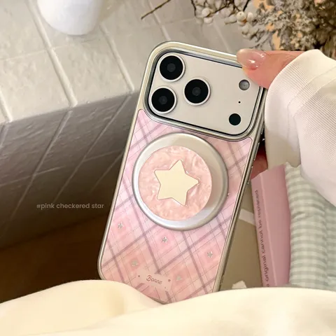 Coque de Téléphone Motif Carreaux Étoiles Miroir Doré Avec Support Magnétique pour iPhone 17 16 15 Pro Max PC Acrylique Femme