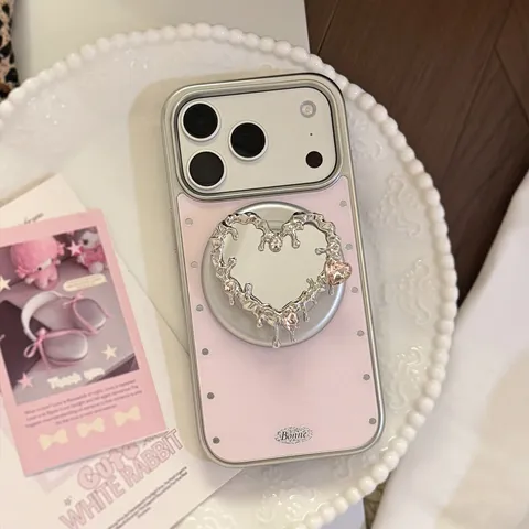 Coque iPhone 16 15 14 17 Pro Max Support Miroir Cœur Magnétique Rose Argent Électroplaqué Y2K Sweet Cool Liquid Metal