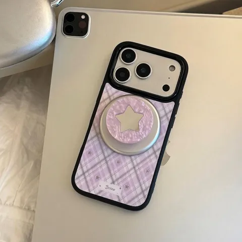 Coque de Téléphone à Support Magnétique Étoile à Carreaux Violets pour iPhone 18 17 16 15 Pro Max Texture Nacre Sweet Cool Coque de Protection Rigide Dorée