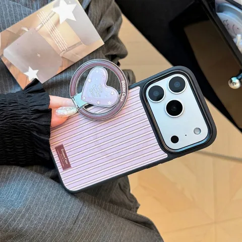 Vintage Striped Magnetic Phone Case With Heart Stand For IPhone 16 15 14 13 Pro Max Anti-Drop PC Hard Protective Shell