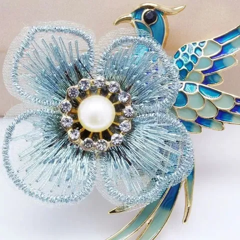 Handmade Embroidery Phoenix Flower Brooch Vintage Chinese Style Alloy Brooch With Artificial Pearl Rhinestone For Women Jewelry