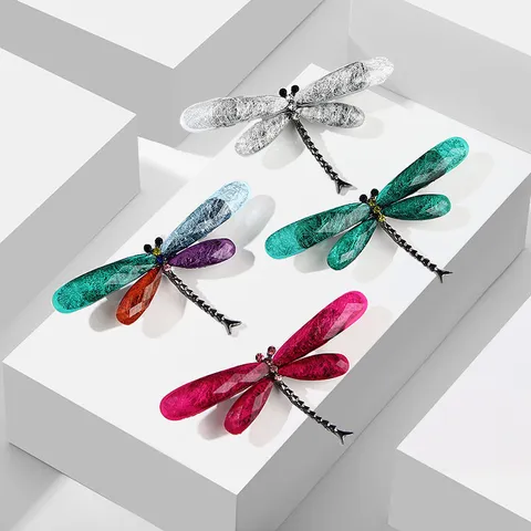 Elegant Alloy Acrylic Resin Dragonfly Brooch Pin For Women Brushed Wings Rhinestone Inlaid Fashion Simple Jewelry Gift