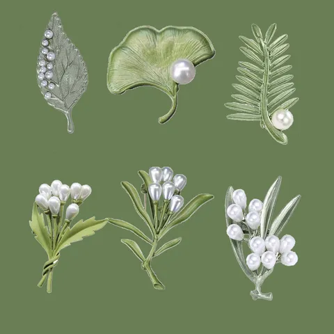 Fresh Green Plant Brooch For Women Alloy Artificial Pearl Ginkgo Leaf Lily Of The Valley Enamel Pin Fashion Clothing Accessories