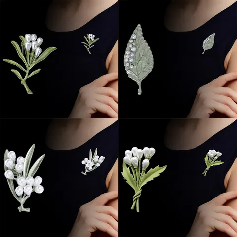 Fresh Green Plant Brooch For Women Alloy Artificial Pearl Ginkgo Leaf Lily Of The Valley Enamel Pin Fashion Clothing Accessories