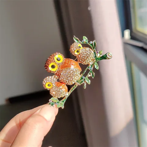 Vintage Rhinestone Owl Family Brooch Fashion Alloy Colorful Animal Pin For Women Coats Sweaters Animal Jewelry Gift