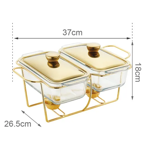 Chafing Dish Rectangulaire Double en Verre Serveur de Buffet Avec Chauffage à l'Alcool Support en Acier Inoxydable Chauffe-Plats pour Banquet Mariage Fête