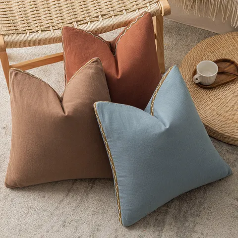 Wabi-Sabi-Stil Einfarbig Baumwolle Leinen Kissenbezug Mit Wellenband-Einfassung Dekorativer Kissenbezug Für Sofa Schlafzimmer Heimdekoration Ohne Füllung