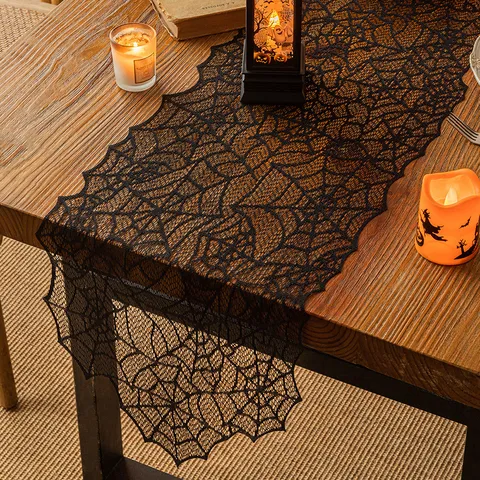 Halloween Black Lace Table Runner Spiderweb Bat Pattern Gothic Party Decor American Style Polyester Tassel Desk Cloth