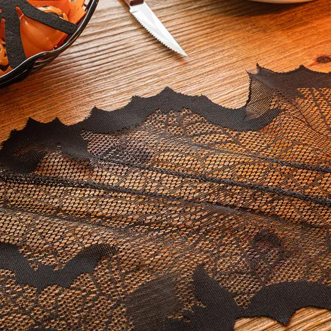 Halloween Black Lace Table Runner Spiderweb Bat Pattern Gothic Party Decor American Style Polyester Tassel Desk Cloth