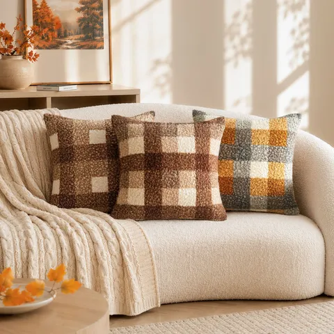 Vintage Maillard Kariert Bouclé Kissenbezug Polyester Karo Dekorativer Kopfkissenbezug Für Sofa Wohnzimmer Schlafzimmer Deko Ohne Füllung