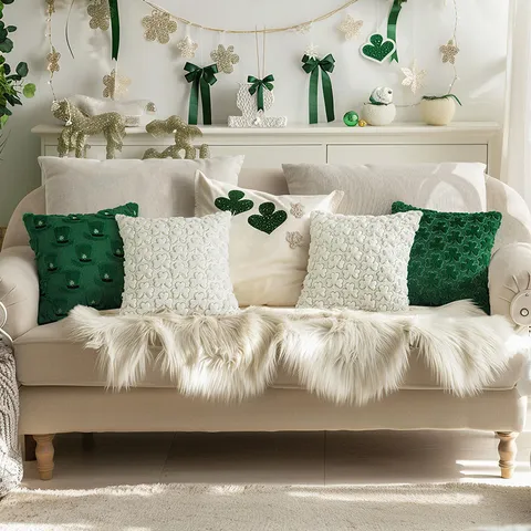 St. Patrick's Day Klaver Geborduurde Kussensloop 3D Patroon Groen Wit Pluche Sierkussenhoes Feestelijke Sofa Woondecoratie