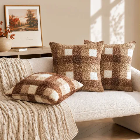 Vintage Maillard Kariert Bouclé Kissenbezug Polyester Karo Dekorativer Kopfkissenbezug Für Sofa Wohnzimmer Schlafzimmer Deko Ohne Füllung