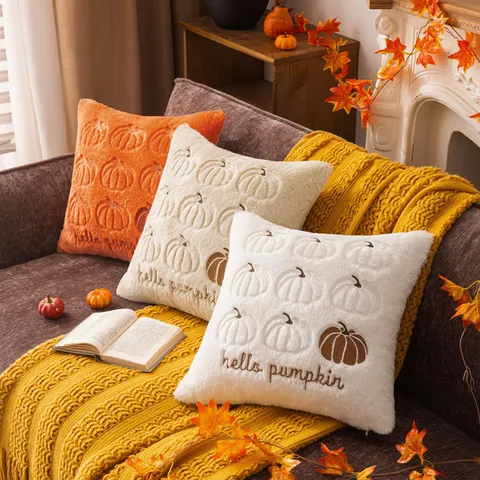 Taie d'Oreiller Brodée Citrouille Mid-Century Peluche Longue Housse de Coussin Canapé Halloween Automne Action de Grâce Sans Noyau